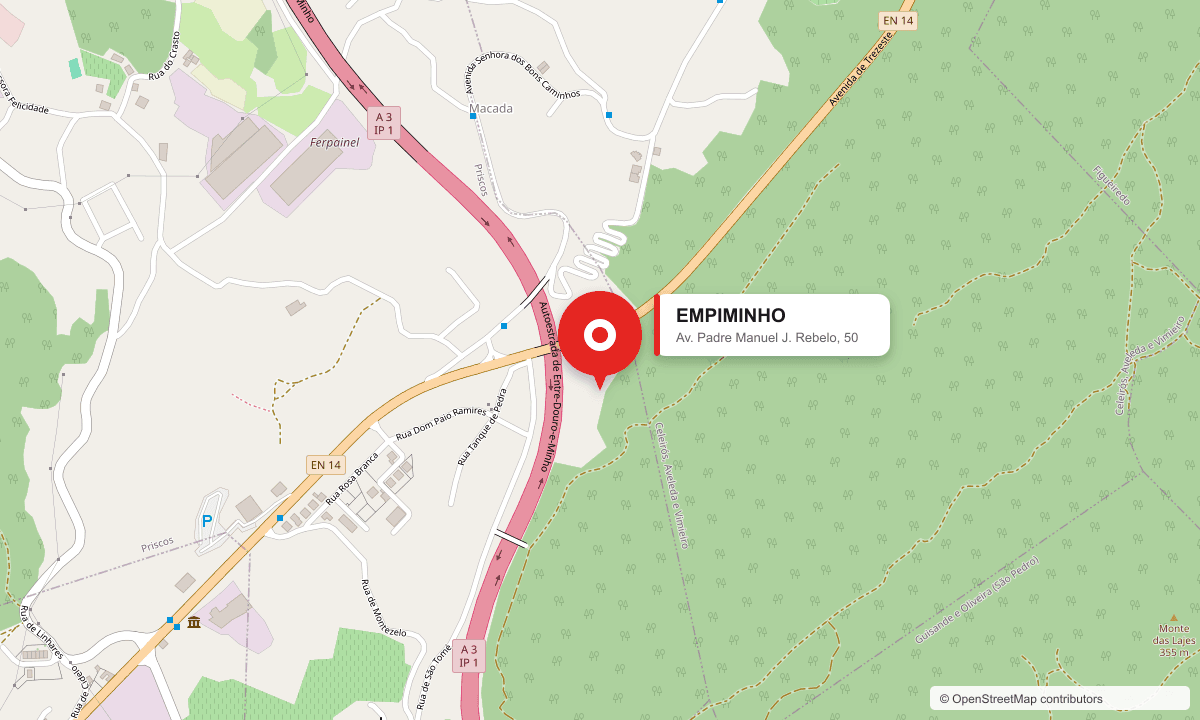 Mapa com a localização da Empiminho na EN 14, em Priscos
